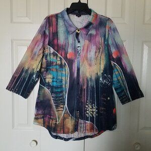 SHANA Button Up Abstract Artsy Multi-Colored Print Tunic 3/4 Sleeve Womens Large